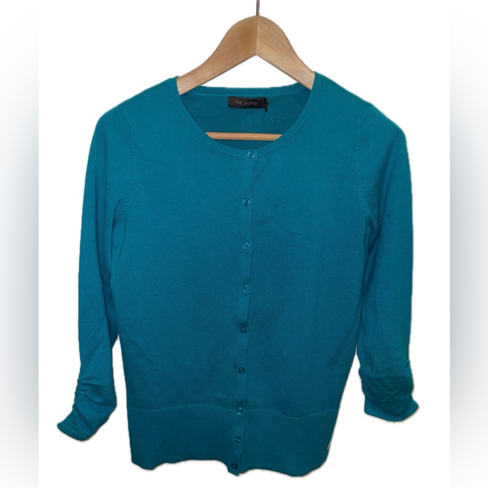The Limited Cardigan Button Front Ruched Sleeve Teal Medium Academia Classic New